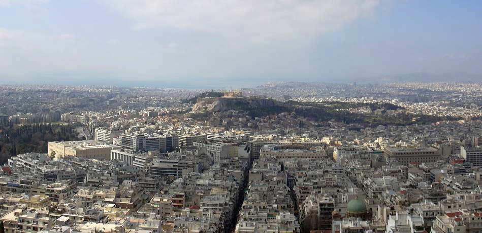 Athen, Blick vom Lykavittos zu Akropolis und Piräus