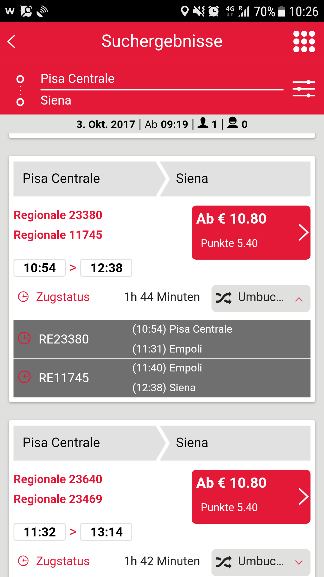 Bahnauskunft Pisa - Siena